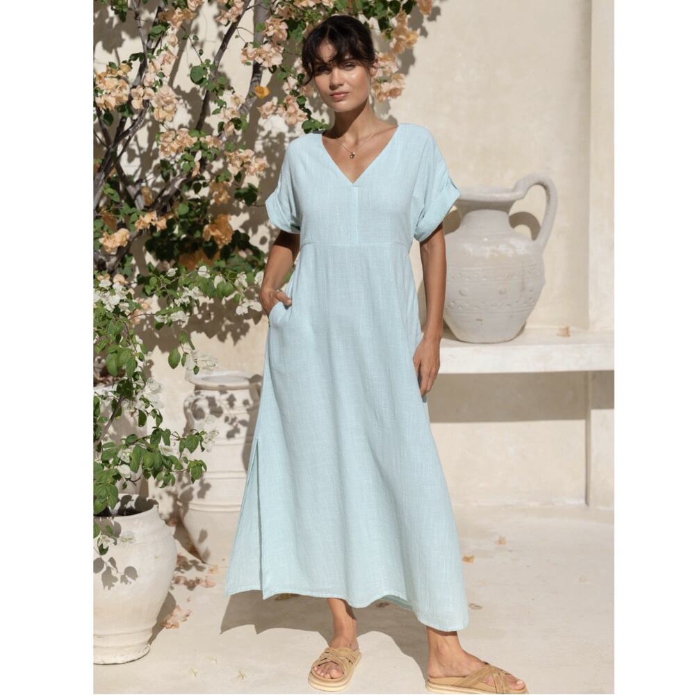 Nomad The Label Catalina Sea Glass Cotton Dress V Neck Tie Waist L Coastal Boho